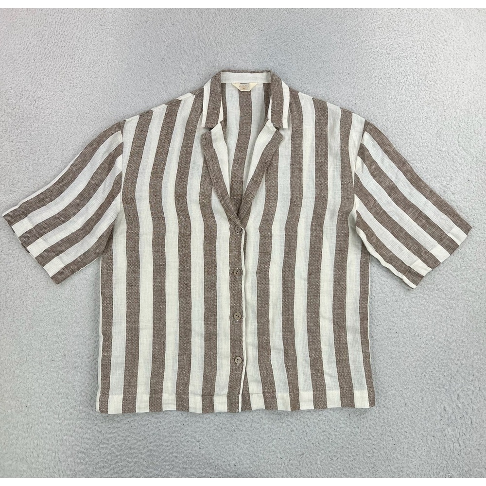 Faherty Shirt Womens Medium Brown Striped Palma Linen Camp Button Up